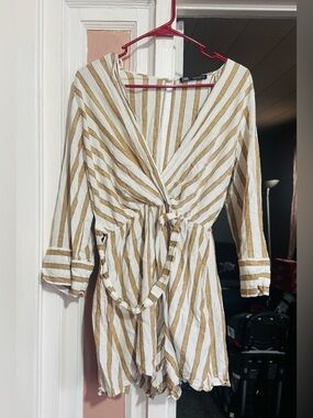 Zara White and Tan Striped Wrap Romper